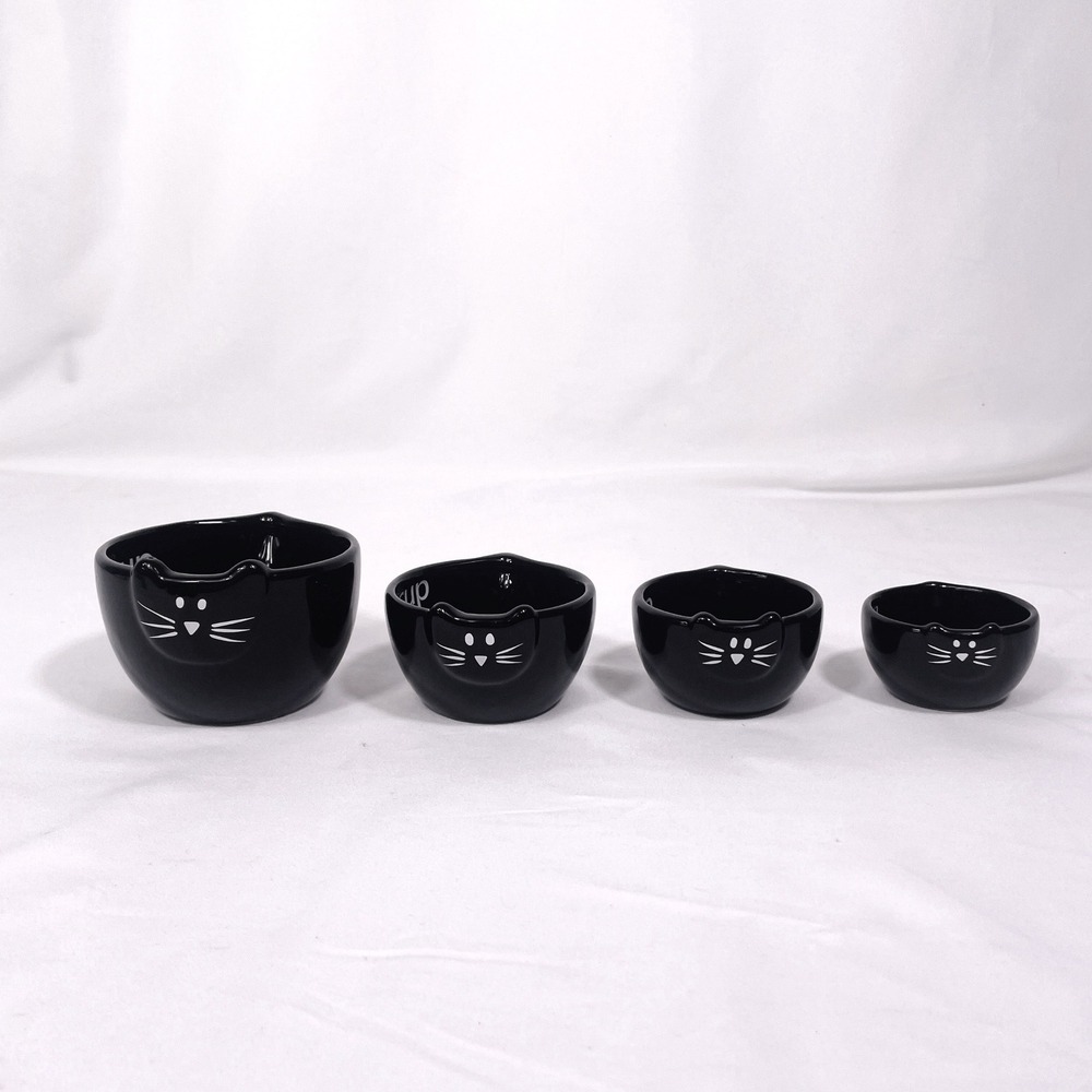 LTD Commodities Cat Measuring Cup Set 4 Piece Black Nesting Pour Ceramic Kitchen